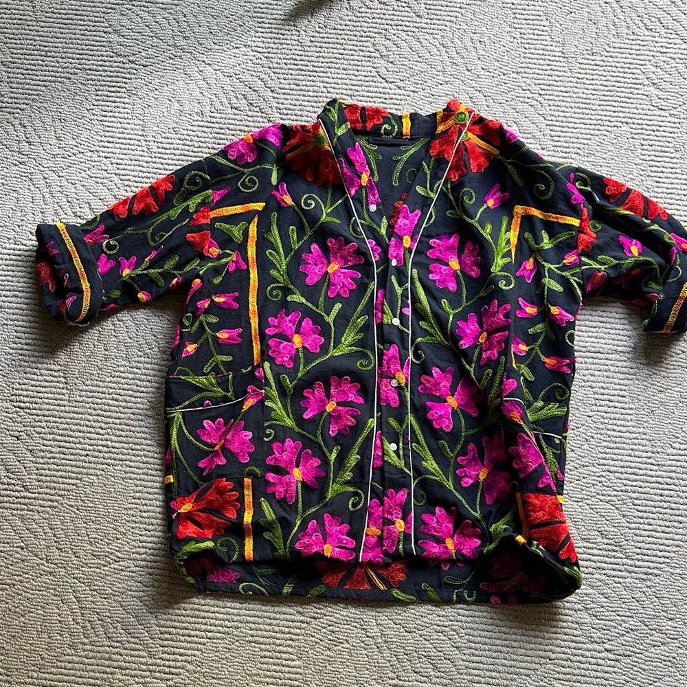 Handmade Floral Embroidered Jacket - Black with Pink & Green